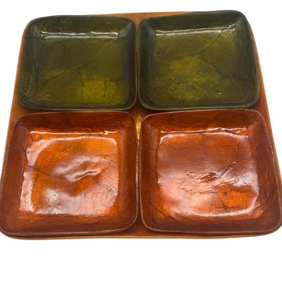 Vtg set 5 pc COLORIZED CAPIZ SHELL tray & plates.Orange,Green,Gold Mascagni look - Picture 2 of 9